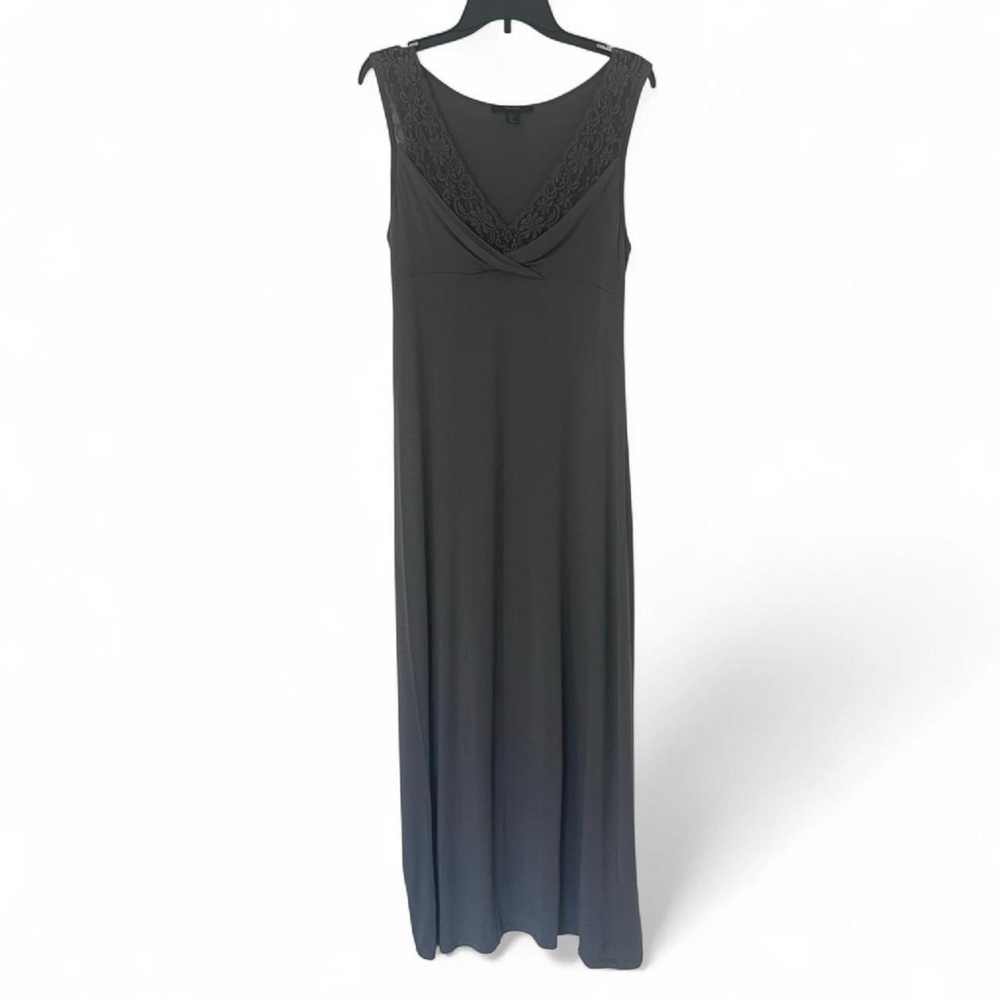 Tahari Gray Maxi Dress with Lace Accent, Sleeveless V-Neck Size L